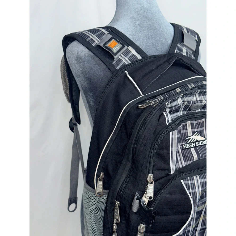 High Sierra Backpack Black Gray Plaid Multi Pocket Padded Laptop School Travel